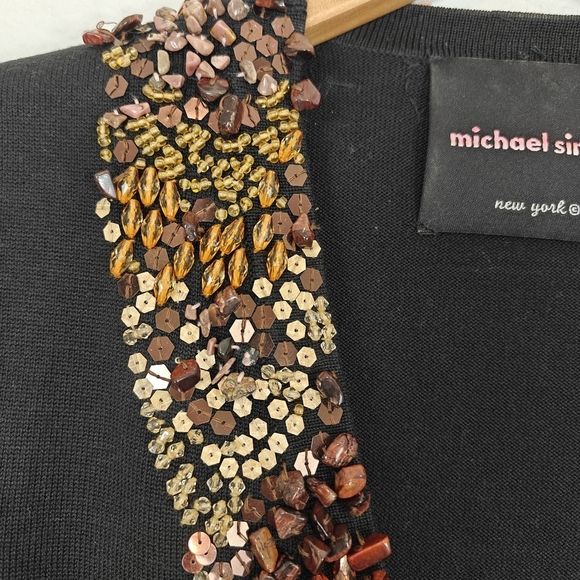 Michael Simon Black Sweater Cartigan Brown beaded V-neck 3/4 Sleeve Silk Blend S - Picture 6 of 12